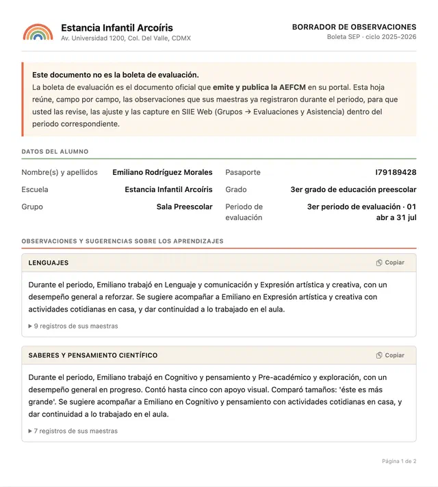 Observaciones para la boleta SEP